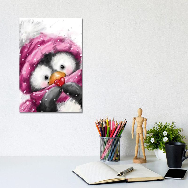 Penguin With Little Heart by MAKIKO - Wrapped Canvas Print, 20.32 cm H x 30.48 cm W