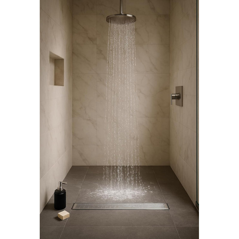 Drain de douche linéaire en nickel brossé Mango 24 po, drain de plancher rectangulaire, acier inoxydable 304, pieds réglables, crépine, crochet