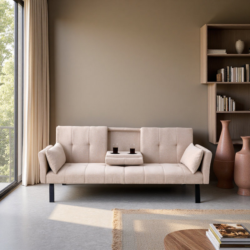 Canapé-lit multifonctionnel de 70 pouces: pliable + porte-gobelet + rangement latéral,, Beige