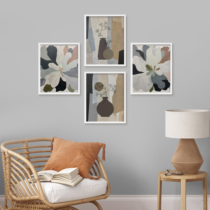 Multicolore minimaliste, botanique et abstrait floral, H 10 po x l 8 po, Blanc