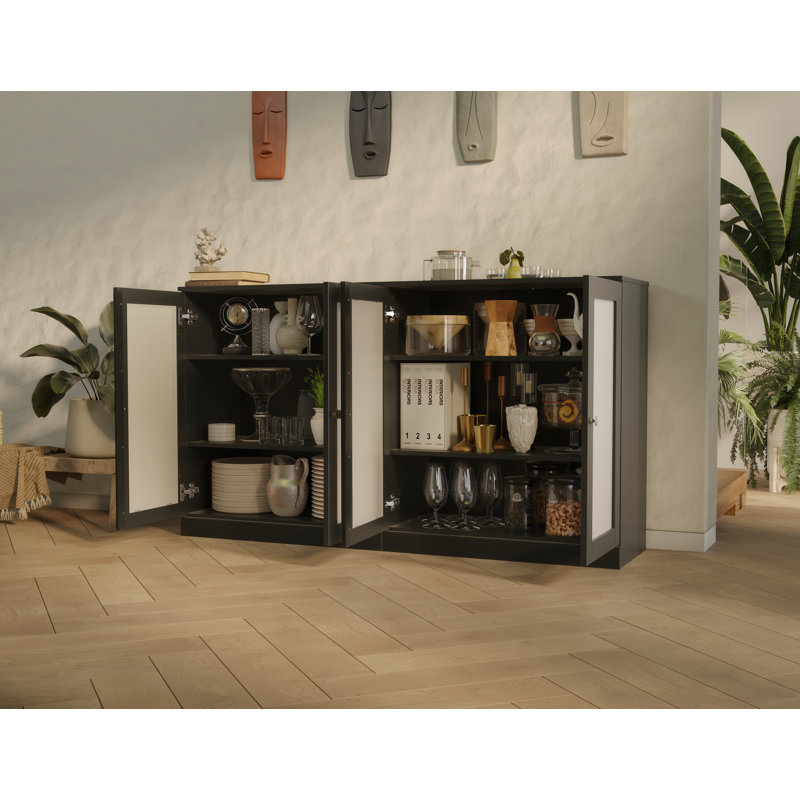 100% Solid Wood 64" Sideboard with Frosted Glass Doors and Adjustable Shelves, Black