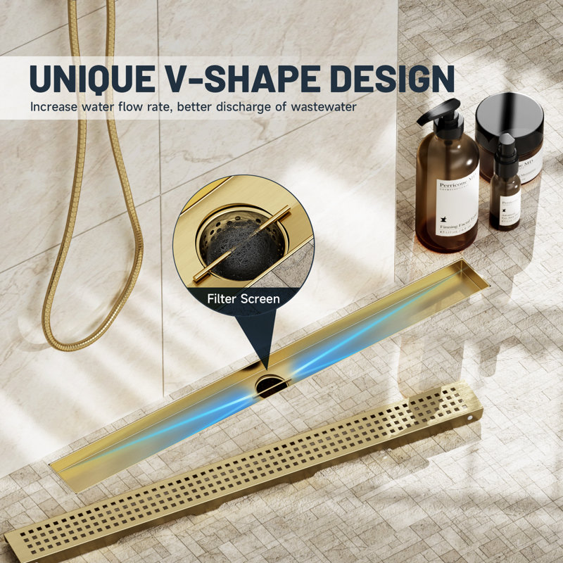 28 In. Shower Drain With 2-In-1 Tile Insert Panel With Square Pattern Drain Cover, Brushed Gold
