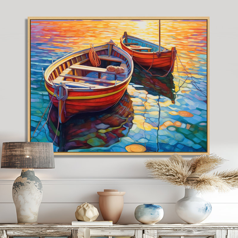 Deux bateaux dans le port I - art mural port côtier, H 16 po x l 32 po x P 1 po, Cadre flottant érable