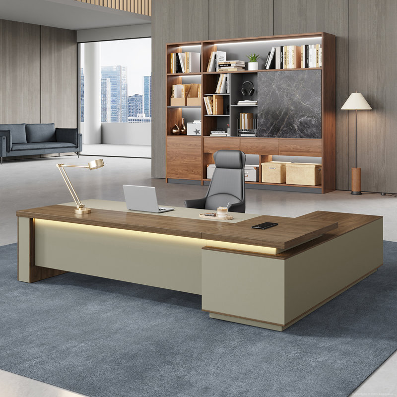 Achilles Luxury L-Shaped Ergonomic Executive Desk With Integrated Storage And Power Management, Yellow/Beige