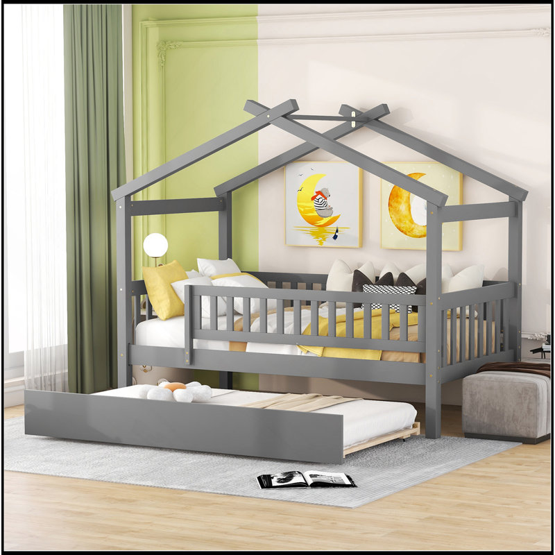 Lit en bois avec lit gigogne simple, Gris