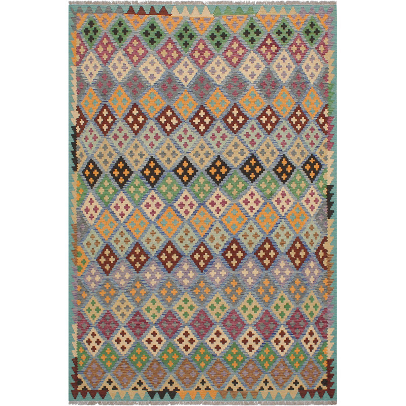 Tapis bleu / beige en laine noué à la main 6 pi 3 po x 7 pi 10 po Cedorah Southwestern