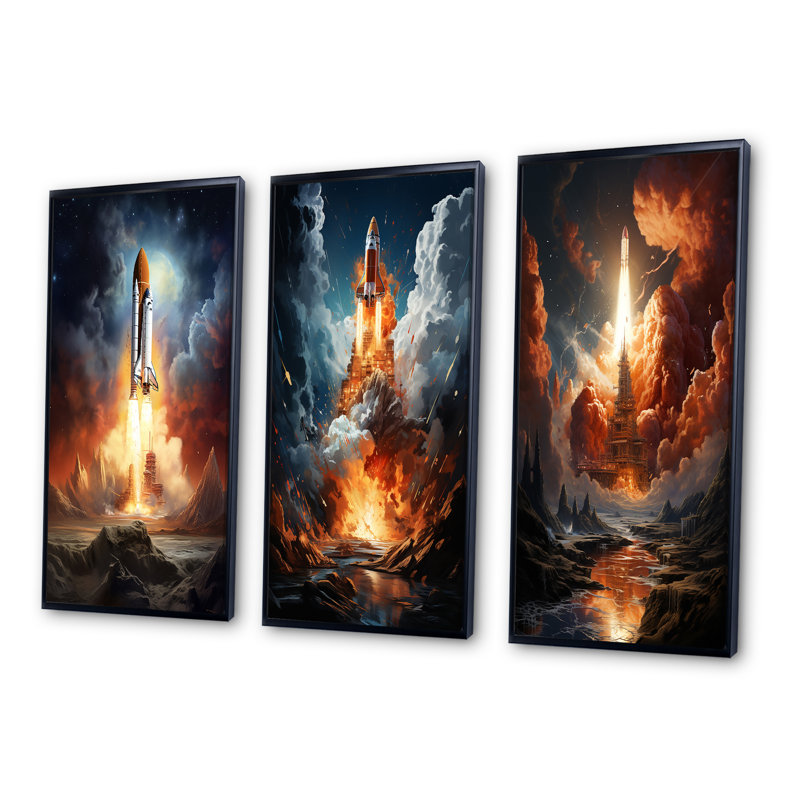 «Rocketship Celestial Dreams», 3 pièces sur toile, Cadre flottant noir, H 28 po x l 36 po