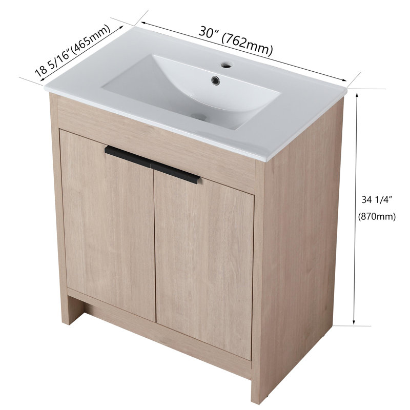 Kinslie 30'' Single Bathroom Vanity with Ceramic Top，2 Soft Close Doors and 1 Adjustable Shelf, Beige, 30"