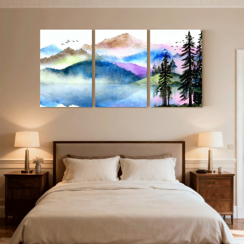 Paysage et nature, lac, forêt, ciel, oiseaux, arbres, eau, réflexion sur l'eau, ensemble de 3 impressions sur toile