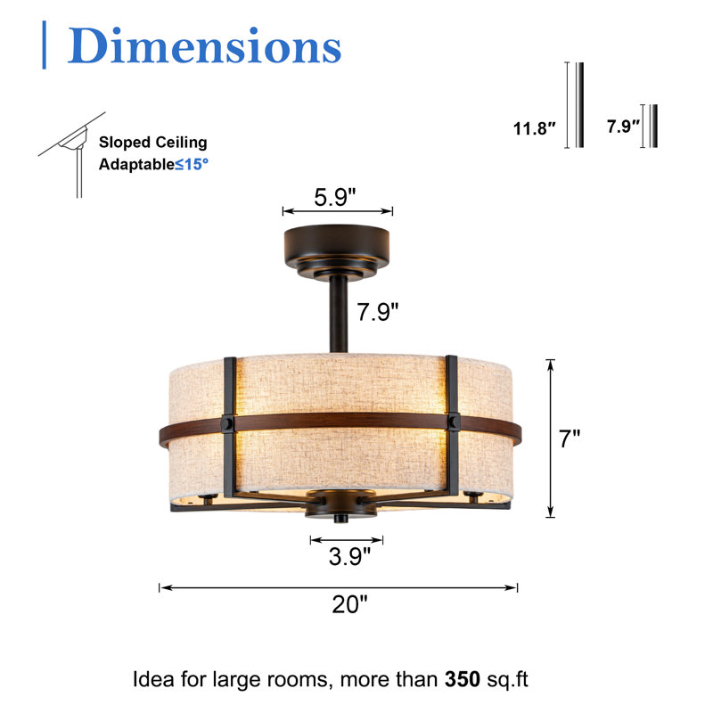Ventilateur de plafond cylindrique moderne de 20 po avec application lumineuse et ventilateur de plafond à télécommande à 6 vitesses pour la cuisine de chambre à coucher