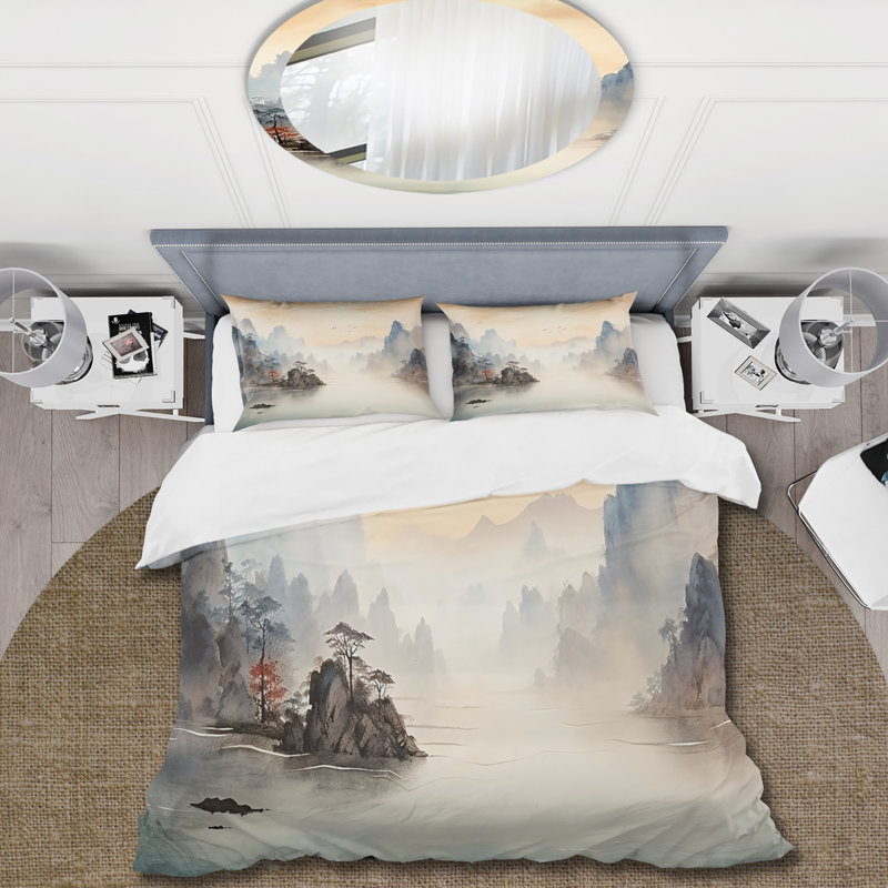 Ensemble de housse de couette Gray Tranquil Chinese Landscape Serenity II - Paysages - Polyester microfibre