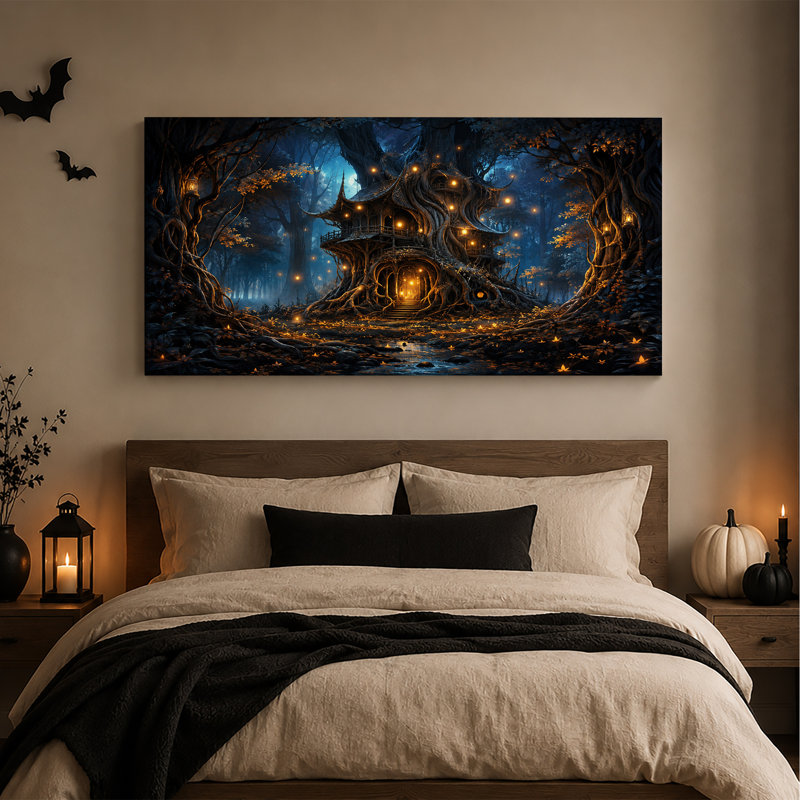 Superbe cabane dans les arbres avec lanternes lumineuses dans une toile murale sombre d'Halloween, 46"W x 24"H