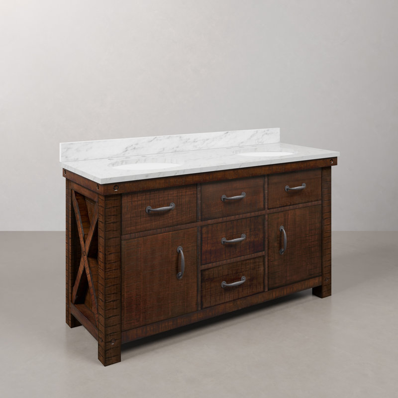 Aberdeen 60 In. Double Sink Blue Limestone Countertop Vanity In Rustic Sierra With Mirrors, Carrara White, Rostic Sienna