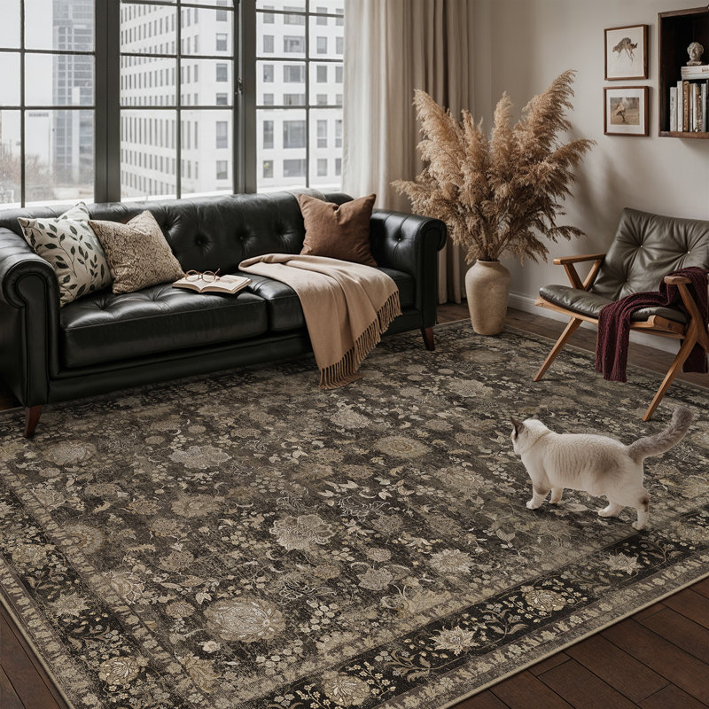 Tapis oriental brun rétro Patty avec envers antidérapant, Brown, 0.35", Rectangle 9 pi x 12 pi