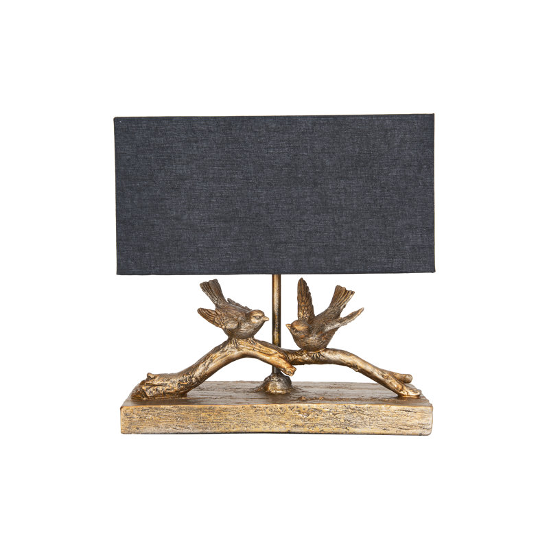 Rustic Resin Bird Table Lamp with Rectangle Shade, Gold Base/Black Shade