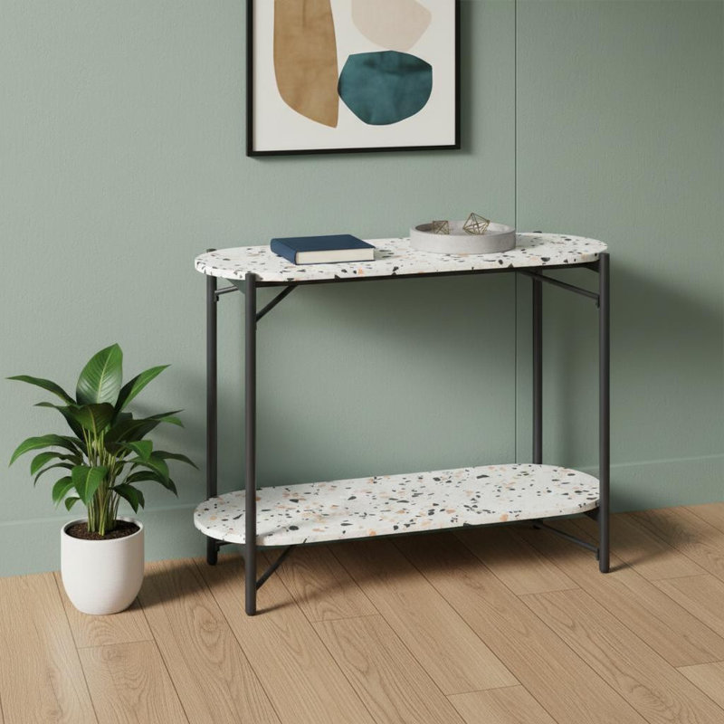 Console ovale de 91 cm (36 po) avec tablette, en imitation terrazzo blanc et noir et acier.