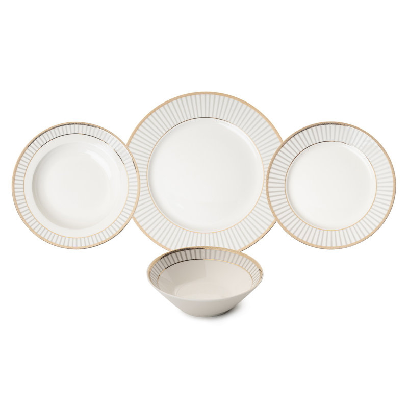 Elegant 24-Piece Dinner Set, White & Gold | 100% Porcelain | Includes 6 Service Plates (10.6 in), 6 Deep Plates (8.3 in), 6 Dessert Plates (8.3 in), 6 Bowls (5.9 in, 10.1 fl oz) | Luxurious Design for Special Occasions & Entertaining