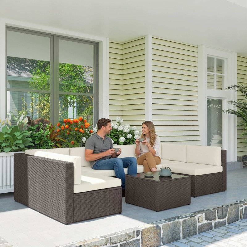Ensemble de canapé modulaire d'extérieur 7 pièces, ensemble de conversation en rotin toutes saisons pour cour, piscine et jardin
