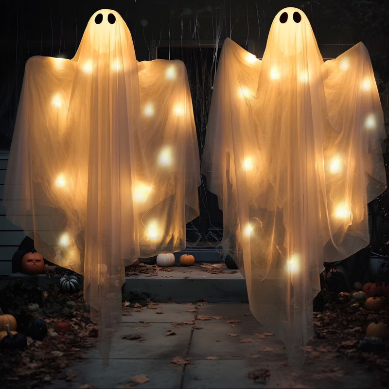 2 fantômes suspendus 35,5 po d'Halloween illuminés, Blanc