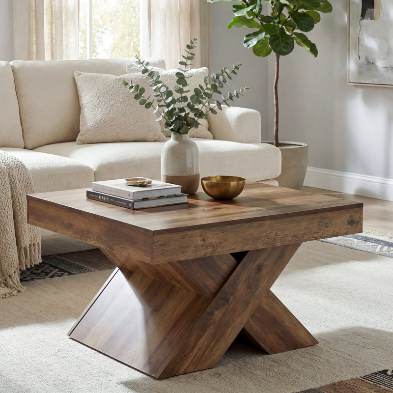 31.49" Square Wood Coffee Table With X-Base, Farmhouse Accent Center Table For Living Room, Small Spaces