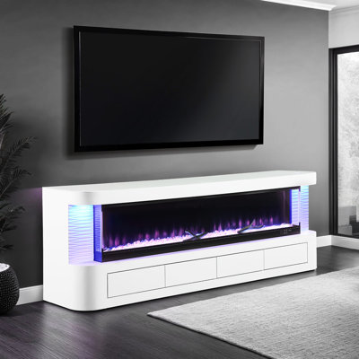 Meuble télé blanc de style contemporain avec présentoir de flammes électrique et 3 niveaux de luminosité, tiroirs inclus, en bois d'ingénierie, en pin, en métal de verre, convient aux téléviseurs jusqu'à 65 foyers