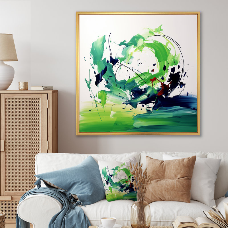 «Green and White Abstract Ink Expression II», art mural abstrait, H 16 po x l 16 po x P 1 po, Cadre flottant doré