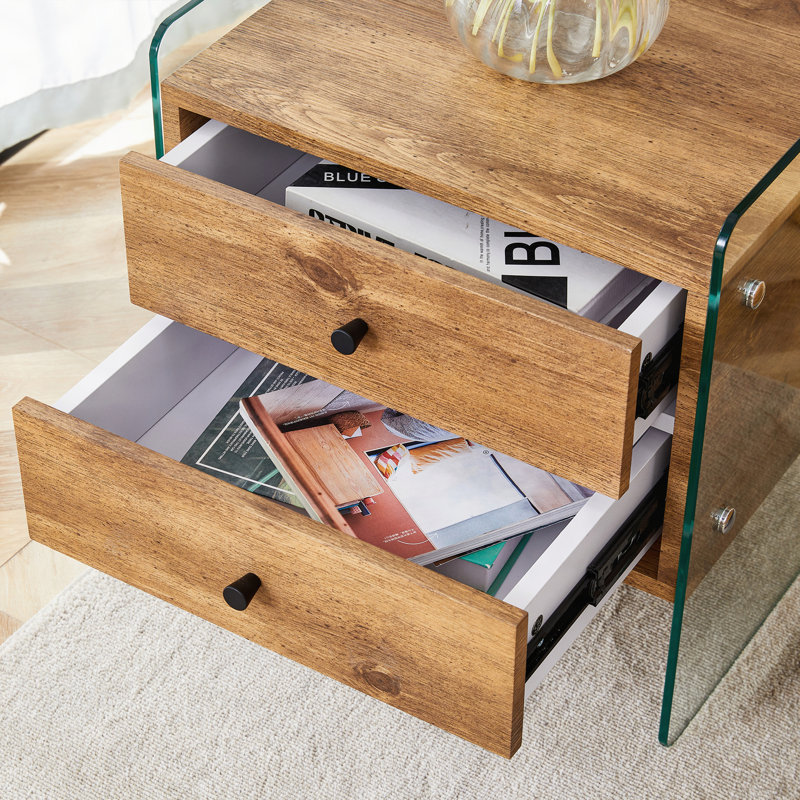 Double-drawer bedside table. The board surface is MDF with grain sticker, and both sides are transparent tempered glass. The design is simple and elegant, with excellent storage functions