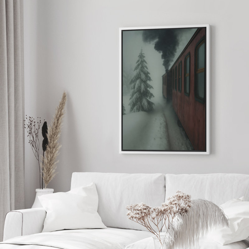 «Red Train Passing Through Snowy Winter Forest», reproduction d'art sur toile encadrée dans la chambre principale, Blanc