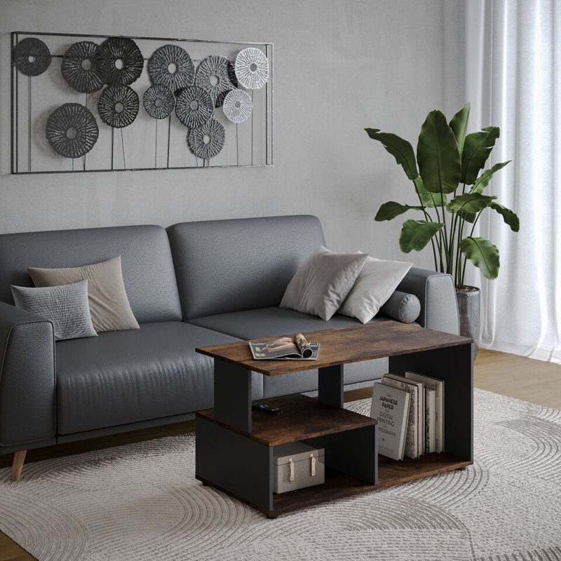 Aylinne Solid Wood Coffee Table with Storage, Black, Rustic Brown