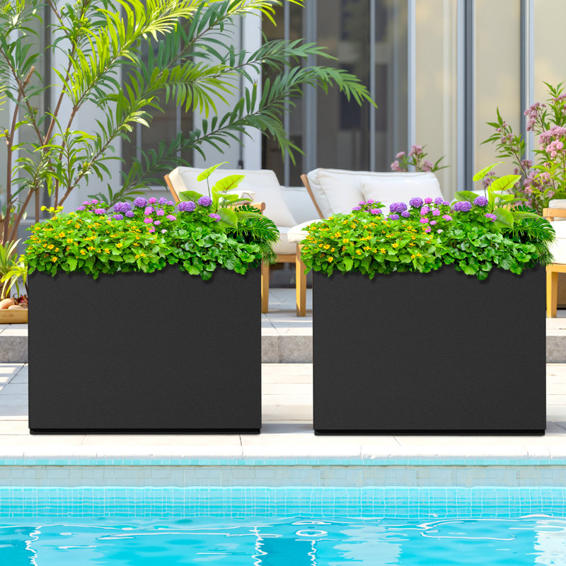 Large Rectangular Planter - Metal Rectangular Planter Box with Drainage Holes for Indoor and Outdoor Use, Black