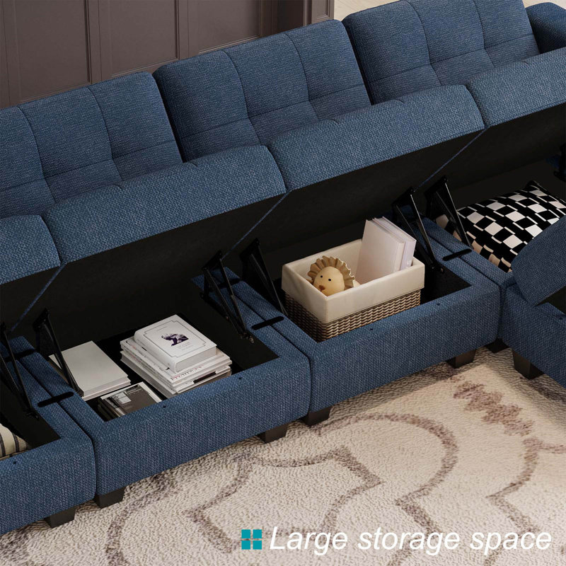 143" W Reversible Modular Sectional with Storage Ottoman, Blue Linen