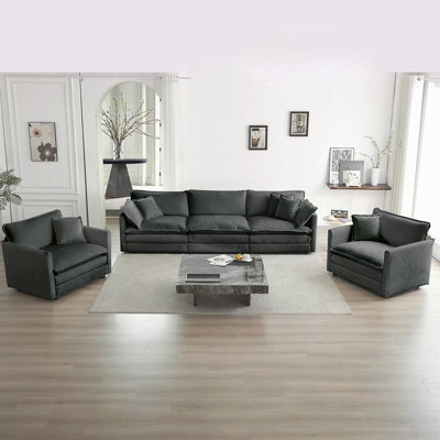 Ensemble de canapé de 3, 1 + 1 + 3 sièges, ensemble de canapé de salon, fauteuil d'appoint, causeuse et canapé à trois places, ensemble de canapés à accoudoirs ronds de style moderne 3 pièces, chenille grise