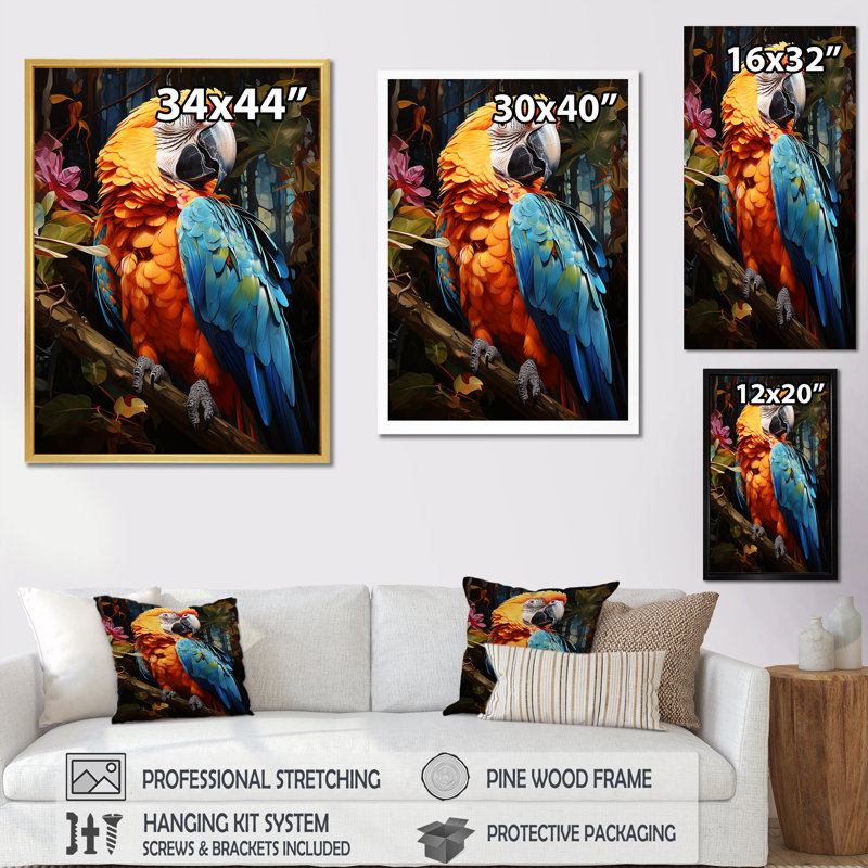 Perroquet, jungle tropicale, euphonie sur toile, Cadre flottant doré, H 40 po x l 30 po x P 1,5 po