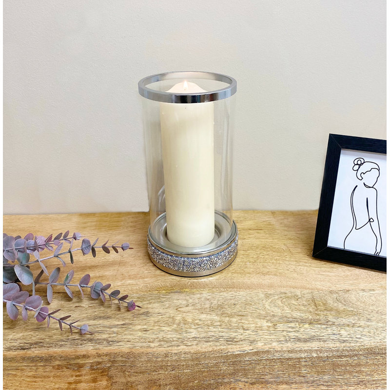 Glass Tabletop Candlestick with Candle Included, 26cm H x 13.5cm W x 13.7cm D