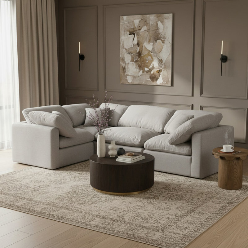 Canapé modulaire de coin rembourré 4 pièces Itala, Tissu gris texturé en lin