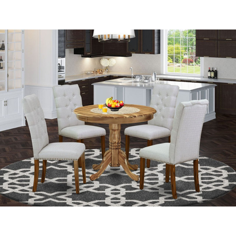 L'ensemble de table de cuisine 5 pièces pour 4 personnes comprend une table de salle à manger ronde avec piédestal et 4 chaises Parson rembourrées en lin gris, naturel