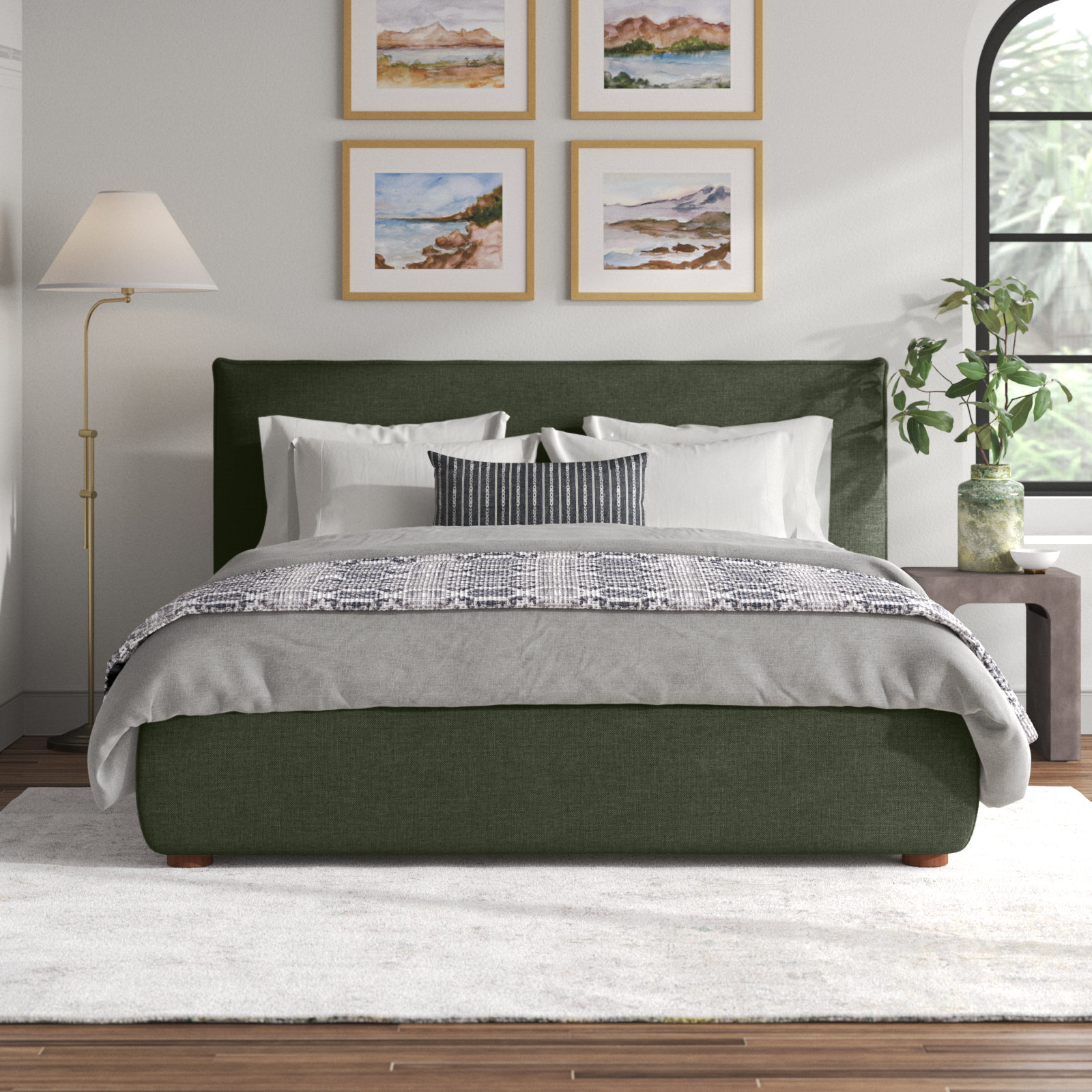Timothy Upholstered Low Profile Platform Bed, Queen, Dark Green Basketweave, 45.5