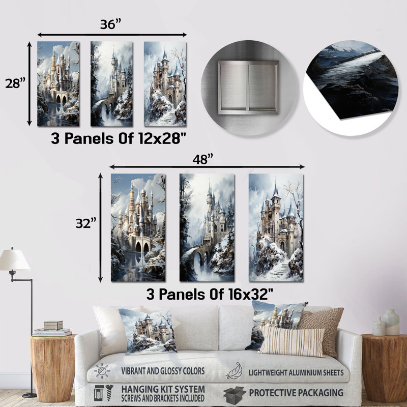 Ensemble de 3 décorations murales Frosty Winter Castle Landscape I - Winter Castles, H 28 po x l 36 po