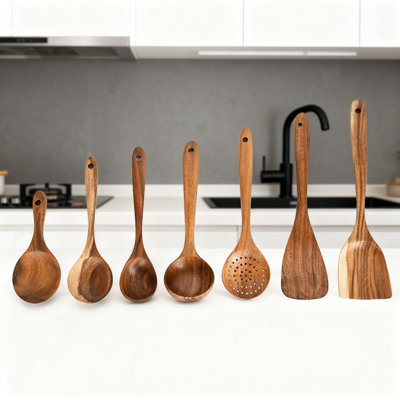 Professional Teakwood Kitchen Utensil Set, 7-Piece Non-Stick Cookware Spatula Spoon And Turner For Sauteing Frying And Stir-Frying