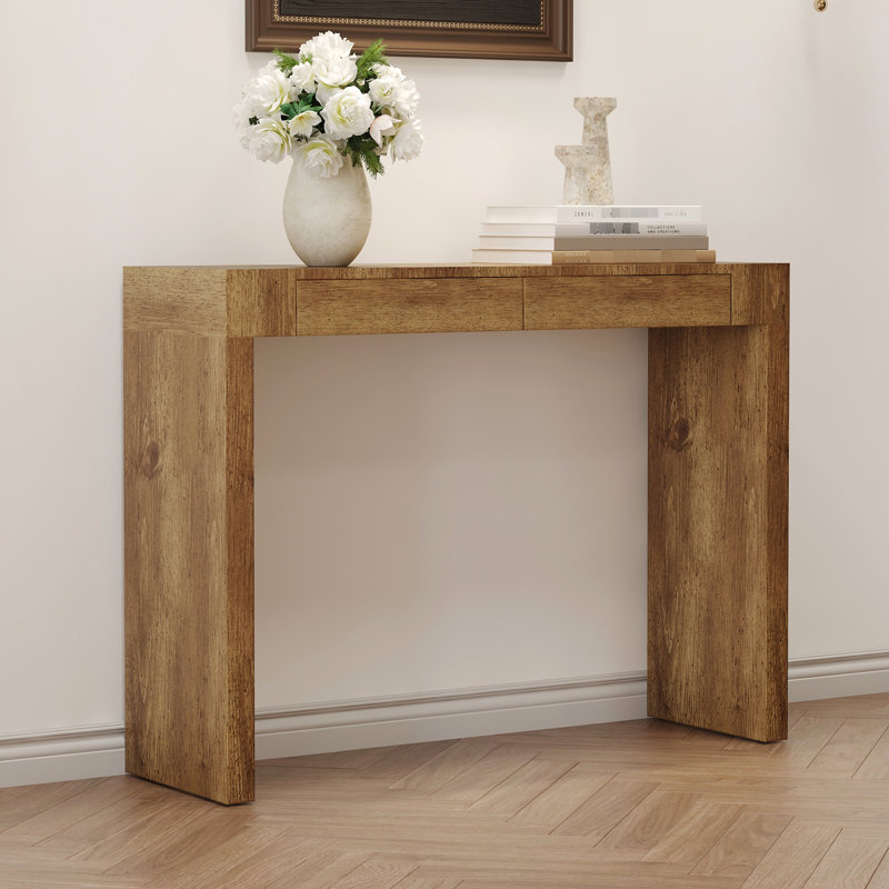 Table de bar de 50 po de long avec grain de bois naturel, tiroirs à ouverture lisse, pieds avec glissière à deux tiroirs, base stable antidérapante
