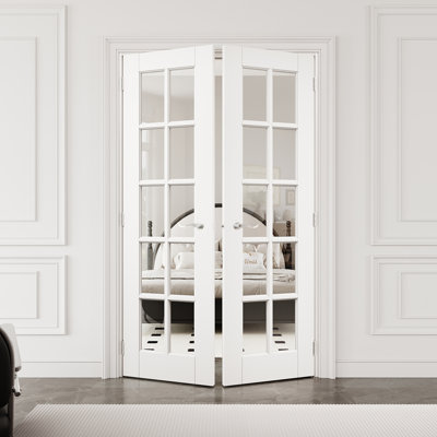 Porte française intérieure en verre transparent 48 po x 80 po 10-Lite avec quincaillerie argentée et loquet et levier de porte, plaque de porte en verre trempé avec sécurité, pouvant être peinte et imperméable, combinaison pour la lessive, portes de placard, portes de pièce, assemblage requis