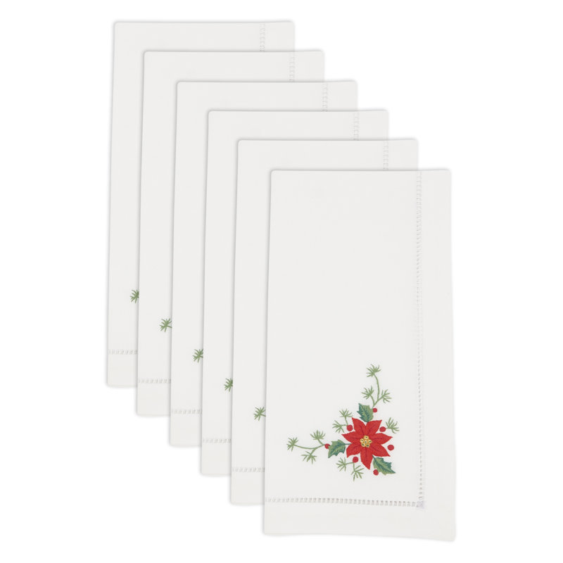 Whimsical Poinsettia Embroidered White Cotton Napkins, Set of 6