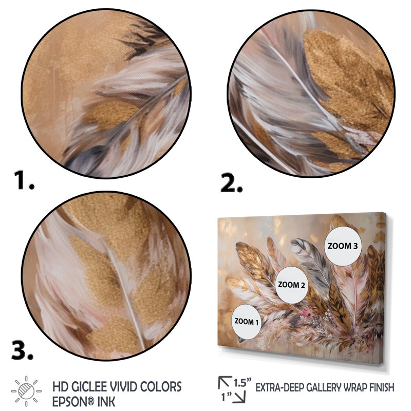 Plume dorée Boho Majesty - Glam Feather, impressions encadrées, H 16 po x l 32 po x P 1 po, Toile tendue