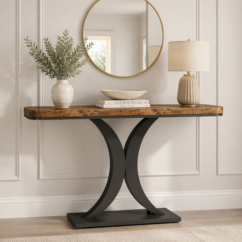 Console 40 po, table de vestibule étroite avec base géométrique, Brun