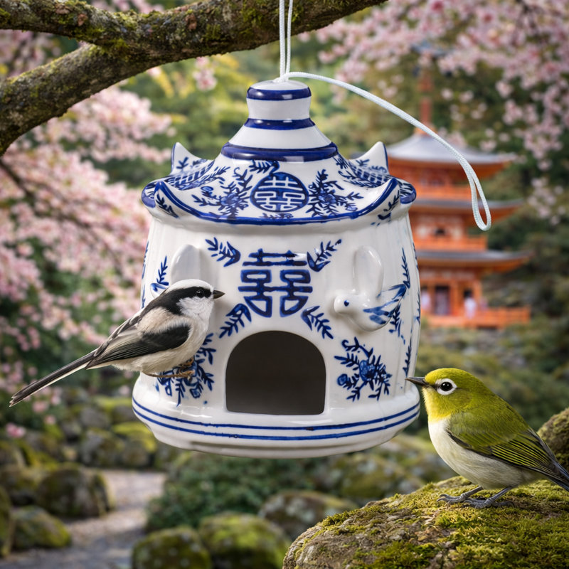 Grande cabane à oiseaux 8 x 7 po Chinoiserie, blanc / bleu