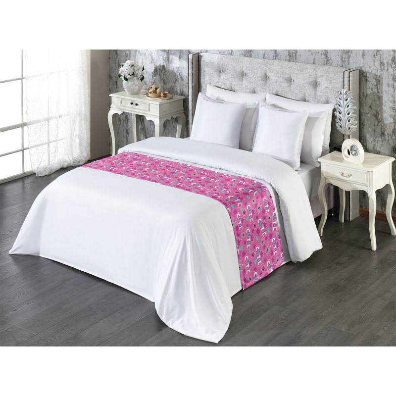 King Pink Polyester Satin Bed Runner with Crown Pattern