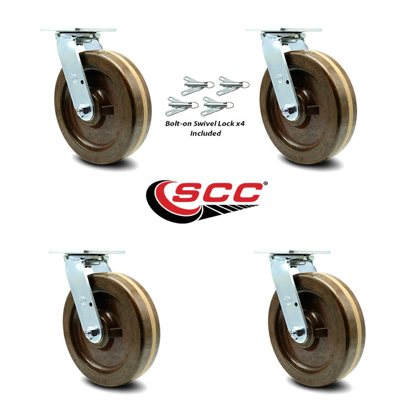 8 Inch High Temp Phenolic Swivel Caster Set with Roller Bearing and Swivel Lock|SCC-30CS820-PHRHT-BSL-4