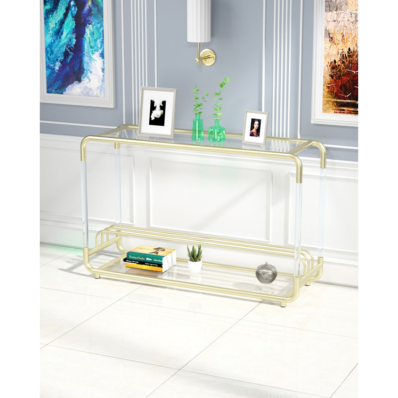 Table console en acier inoxydable doré avec cadre en acrylique et plateau en verre transparent