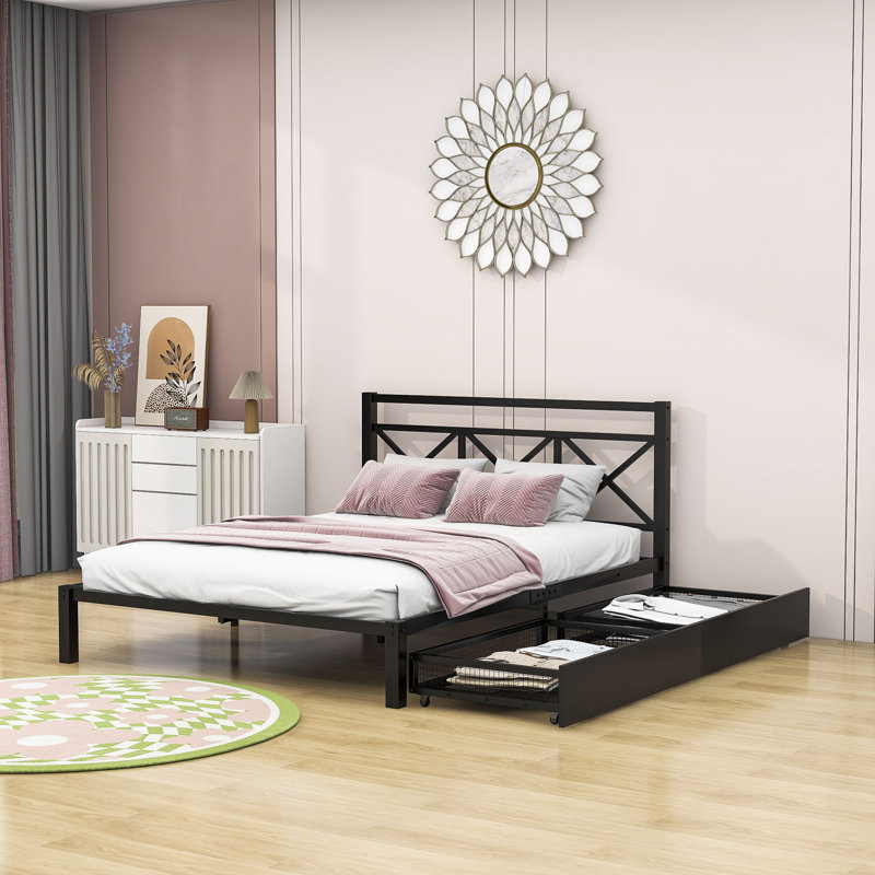 Metal Platform Bed with 2 Drawers, Queen