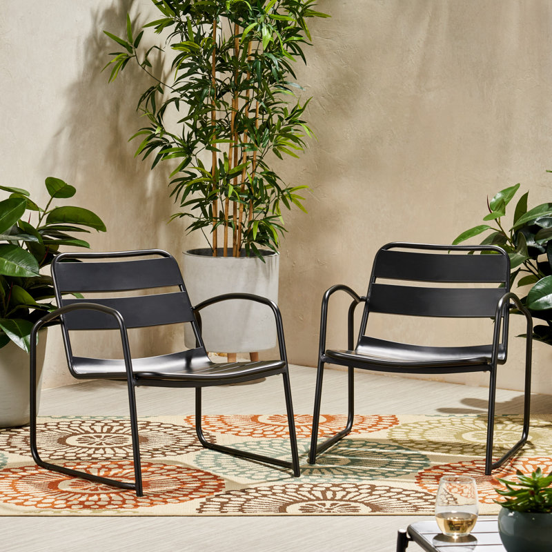 Arij Outdoor Slat Metal Accent Chairs, Matte Black